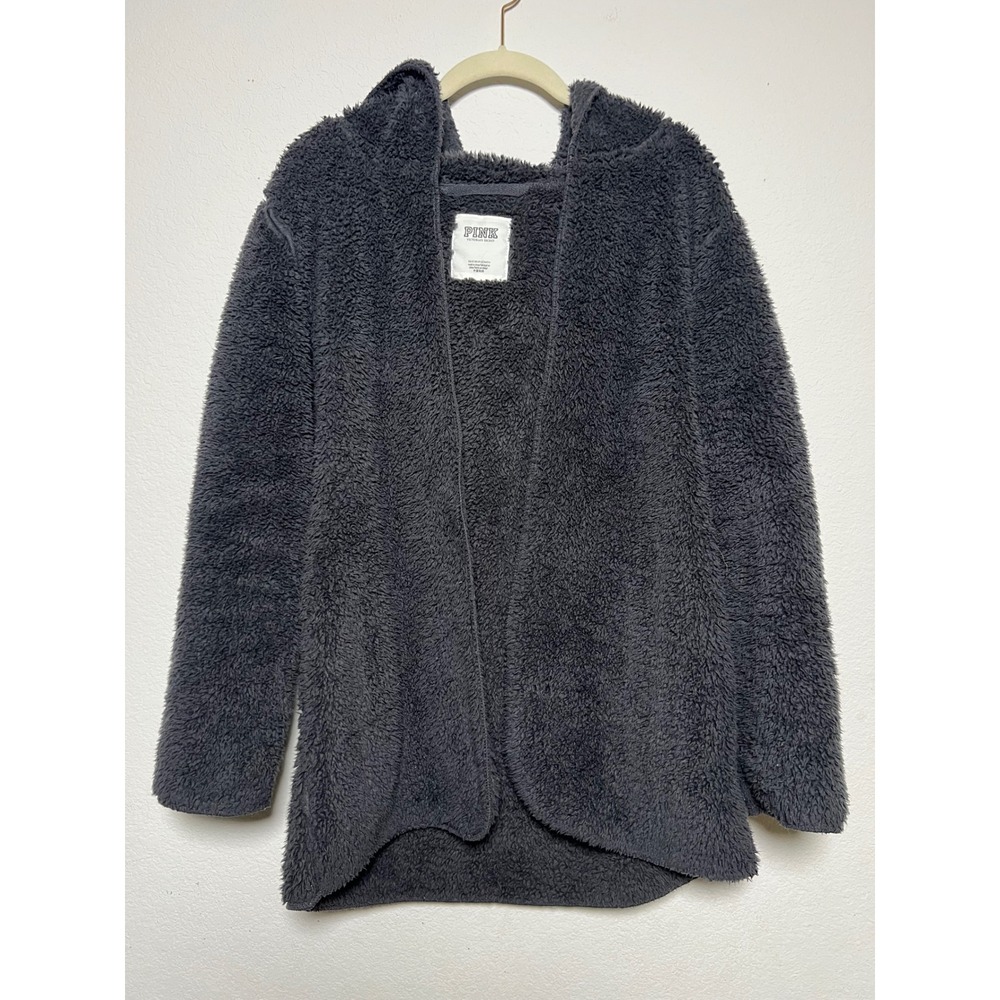 PINK Victoria's Secret Sherpa Cardigan XS/S Dark Grey Women Loungewear Hooded